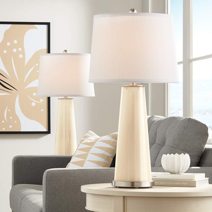 Table Lamp Set Colonial Tan Glass Tapered Base Silver Neck Drum Shade