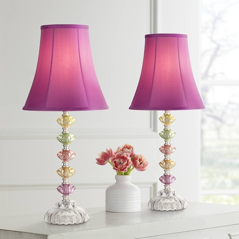 Table Lamp Set: Multi-Colored Stacked Glass Deep Pink Bell Shades Chic