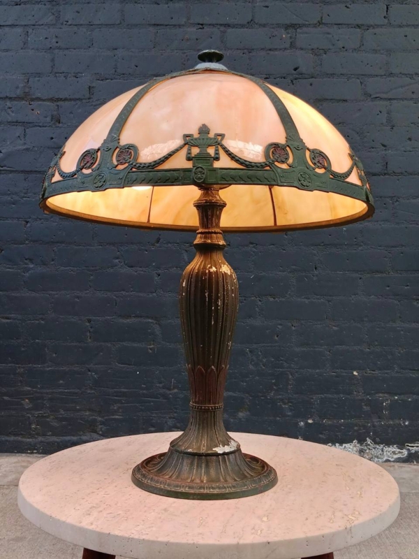 Table Lamp Slag Glass Ornate Metal Overlay Verdigris Finish
