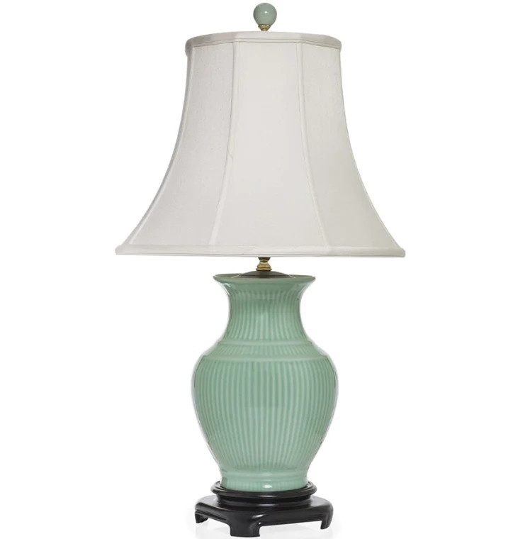 Table Lamp Striped Celadon Porcelain Ribbed Texture Bell Shade