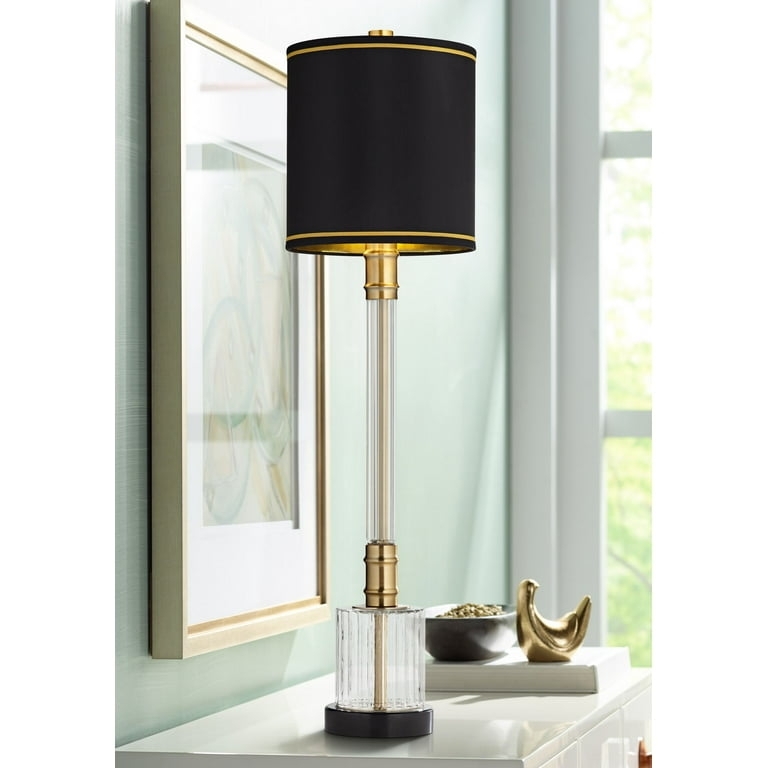 Table Lamp: Tall Fluted Clear Glass Column Black and Gold Trim Shade