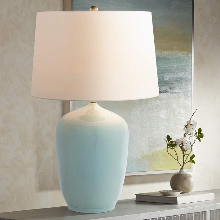 Table Lamp Tall Ginger Jar Shape Celadon Blue Porcelain Coastal Style