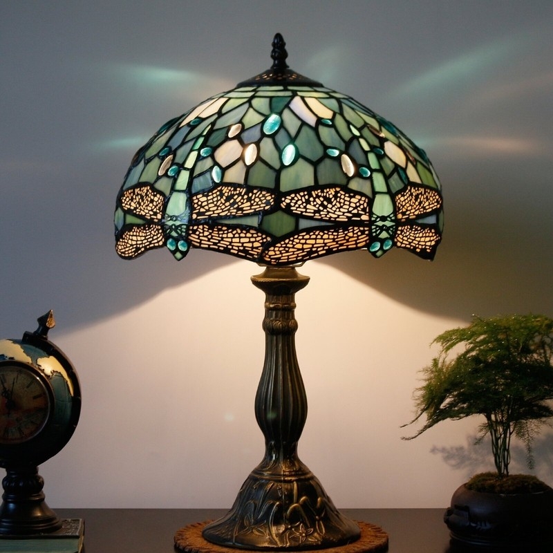 Table Lamp Teal Stained Glass Dragonfly Motif Scalloped Edge