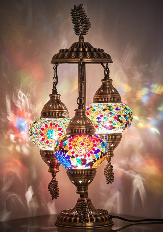 Table Lamp: Three Globe Turkish Mosaic Antique Brass Tiered Design