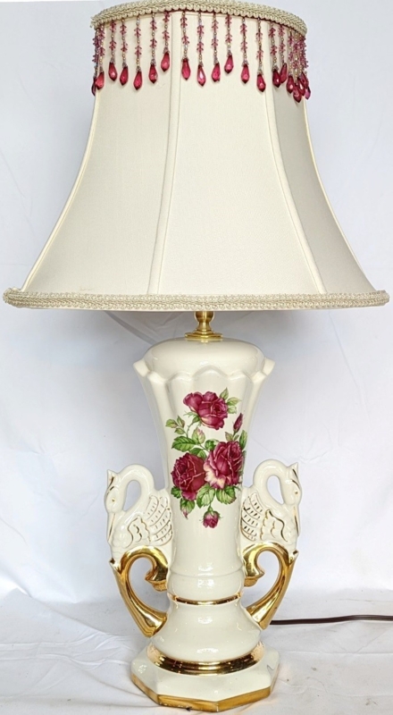 Table Lamp Victorian Revival Porcelain Swan Handles Beaded Fringe