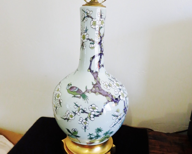 Table Lamp Vintage Asian Celadon Blue Porcelain Hand Painted Bird Motif