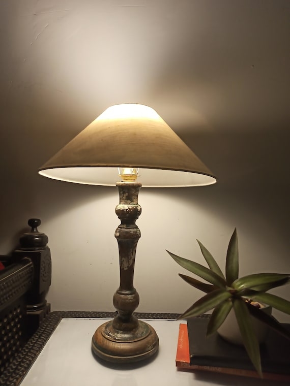 Table Lamp Vintage Hand Carved Wood Base Distressed Paint Colonial Style