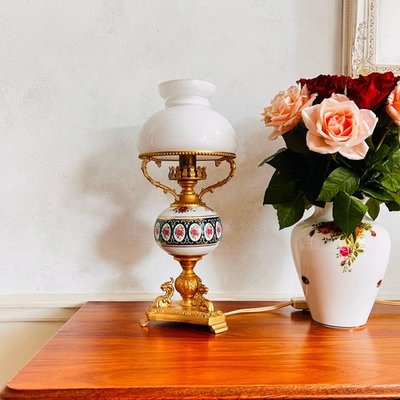 Table Lamp Vintage Milk Glass Shade Figurative Pedestal Base