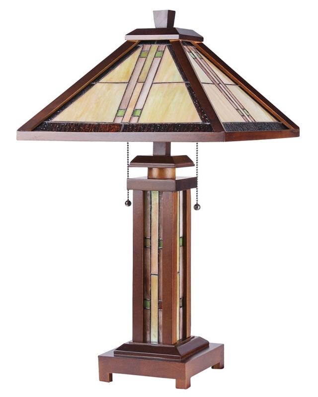 Table Lamp Walnut Wood Frame Mission Style Double Lit Base Geometric