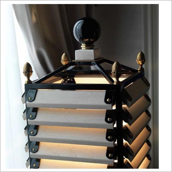 Table Lamp Whitewashed Wood Horizontal Slats Bronze Pinecone Finials