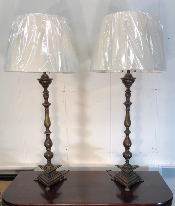Table Lamps Pair Antique Bronze Baluster Stem Stepped Pedestal Base Dutch