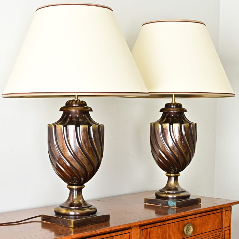 Table Lamps: Pair of Antique Bronze Spiral Fluted Urn Bases