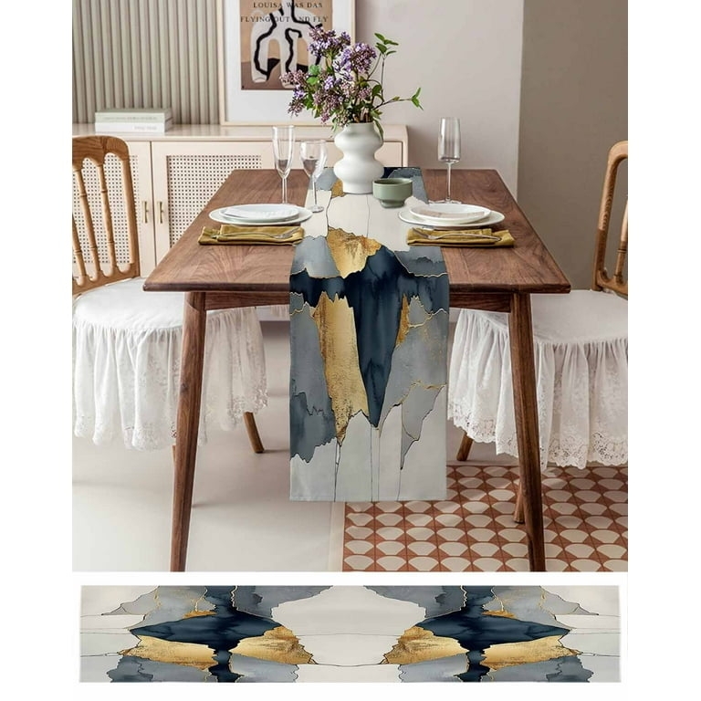 Table Runner: Abstract Marble Pattern in Navy Blue and Gold