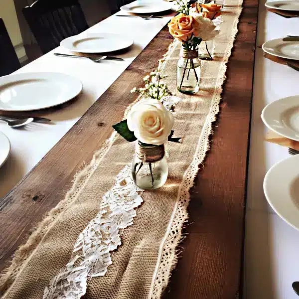 Table Runner: Burlap and Lace Combination with Frayed Edges