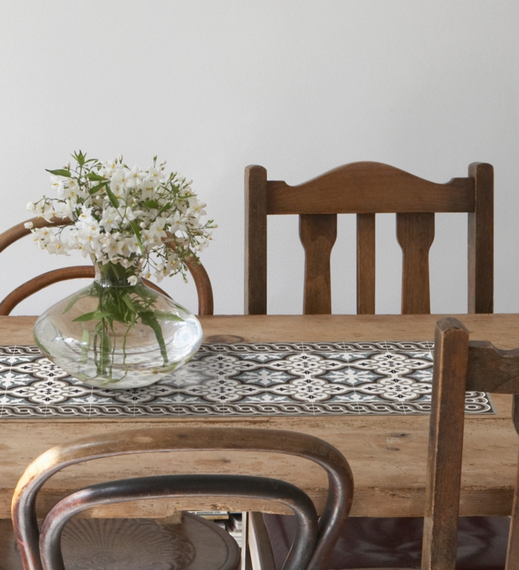 Table Runner: Monochromatic Geometric Tile Motif, Farmhouse Chic