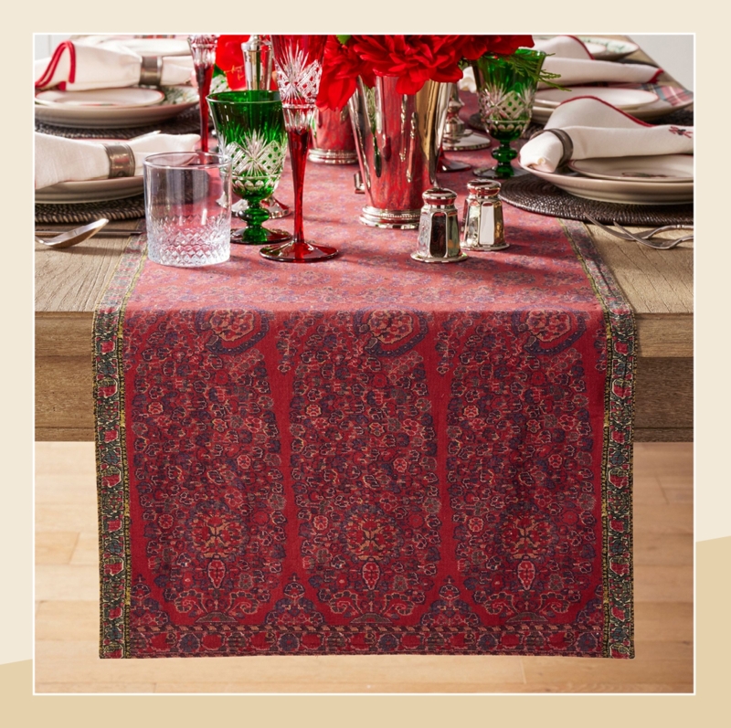 Table Runner: Ornate Ruby Red Botanical Motif, Traditional Style