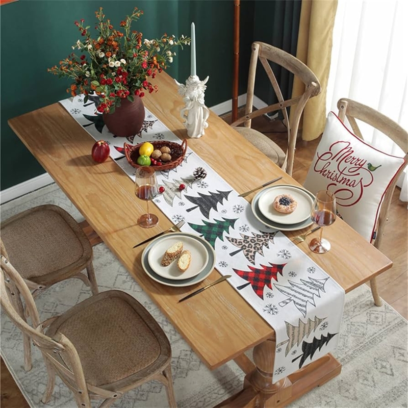 Table Runner: Patterned Christmas Tree Print with Buffalo Plaid