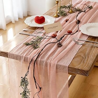 Table Runner: Sheer Pink Gauze Texture with Botanical Vine Overlay