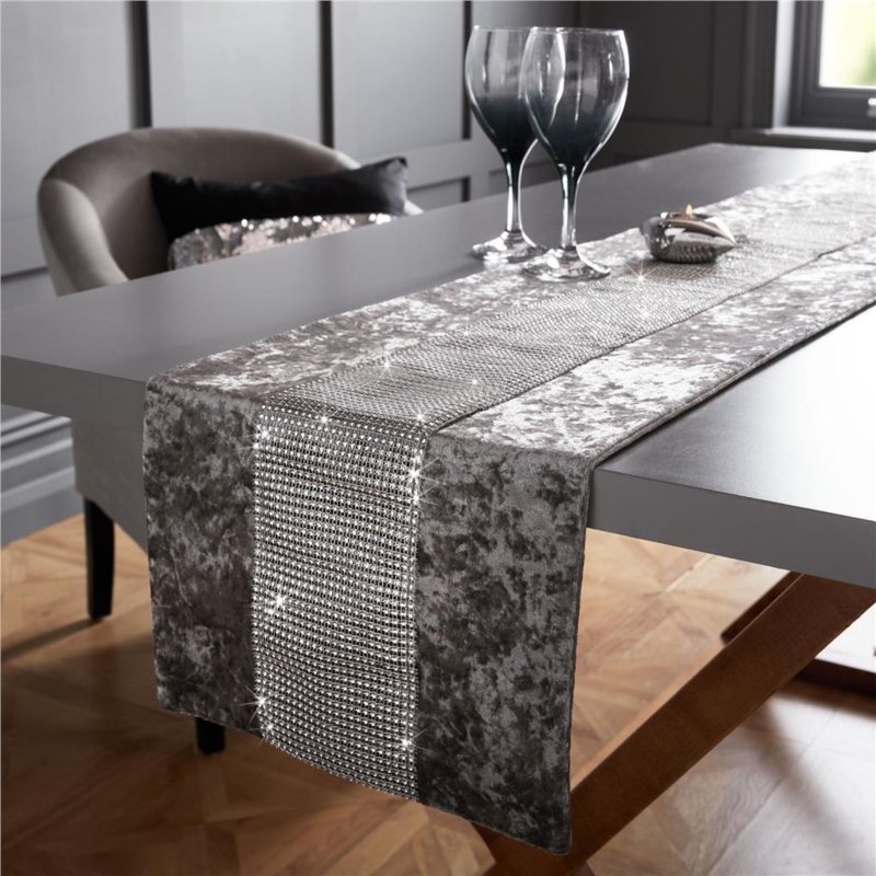 Table Runner: Silver Crushed Velvet with Sparkling Diamante Band