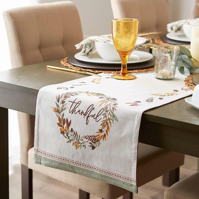 Table Runner: Thankful Script with Autumn Leaf Wreath Print
