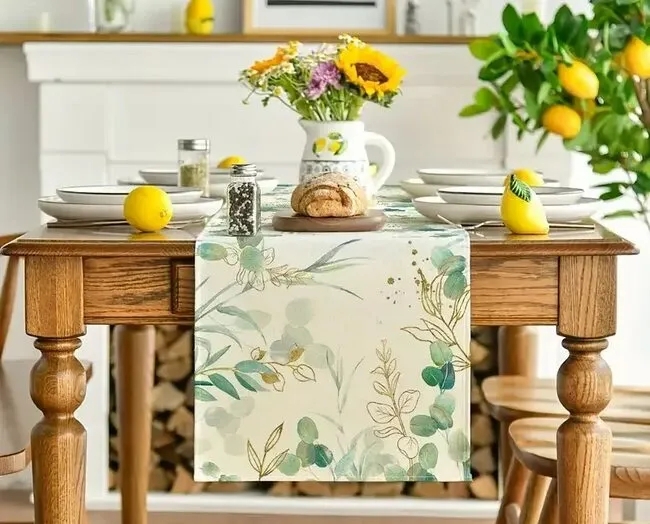 Table Runner with Eucalyptus Print and Gold Splatter Accents
