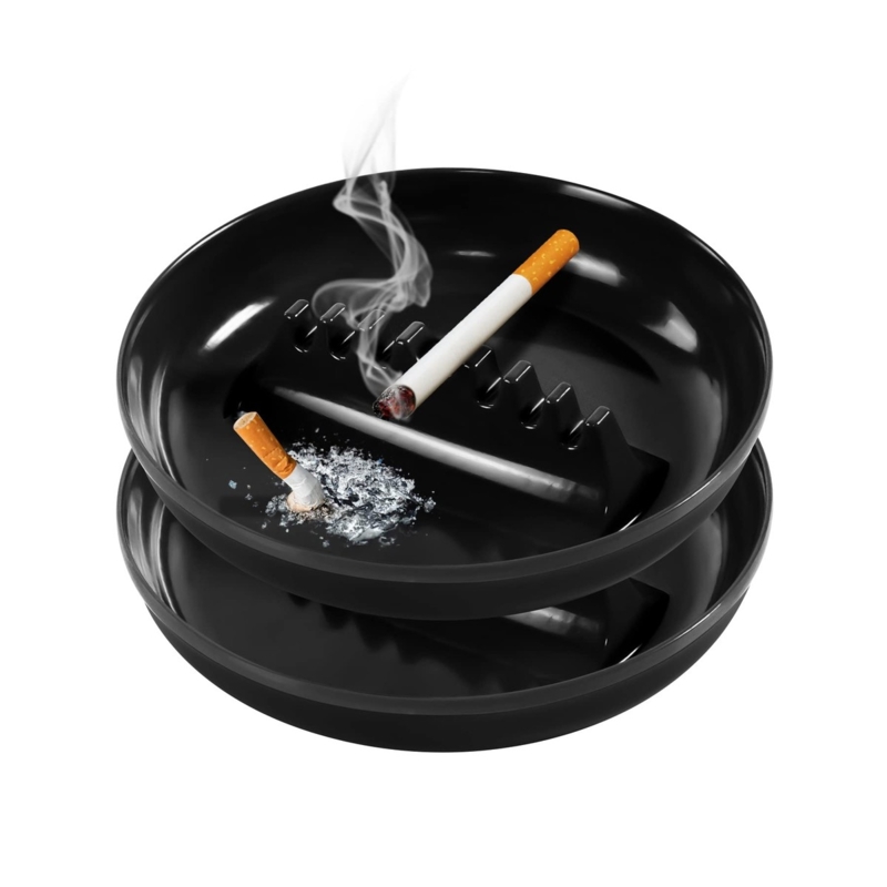 Tabletop Ashtray Notched Center Rest Stackable Glossy Black Plastic
