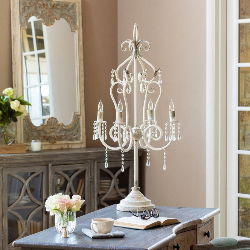 Tabletop Chandelier with Fleur-de-Lis Finial and Chippy Paint Finish