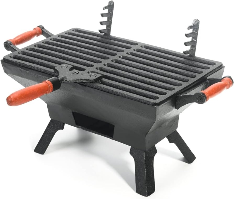 Tabletop Charcoal BBQ with Adjustable Cast Iron Grate & Wooden Handles