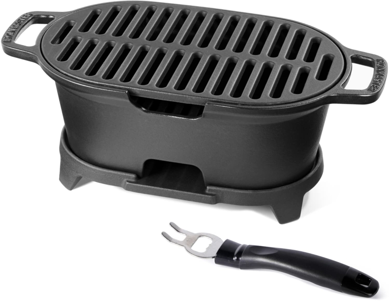 Tabletop Grill, Matte Cast Iron, Slotted Grate, Accessory Tool