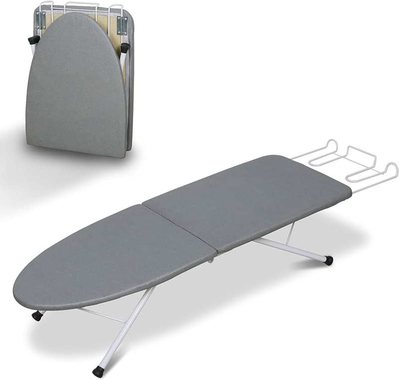 Tabletop Ironing Board with Unique Split Folding Design and Grey Cover