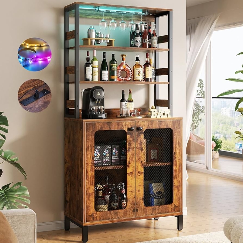 Tall Bar Cabinet Rustic Industrial with Power Outlets Mesh Doors