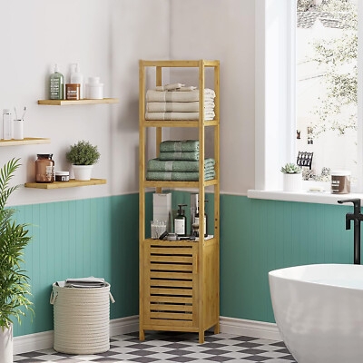 Tall Bathroom Cabinet Slim Profile Multi Tier Bamboo Storage