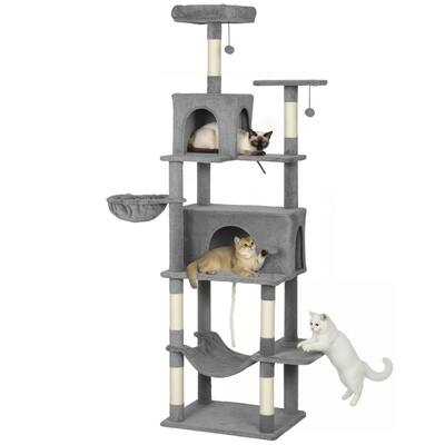 Tall Dark Gray Cat Tree featuring Dual Condos & Basket Hammock
