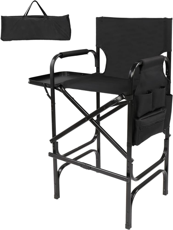 Tall Directors Chair at Bar Height with Side Table and Storage Pouches