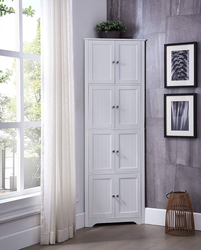 Tall Farmhouse Corner Cabinet with 8 Beadboard Doors
