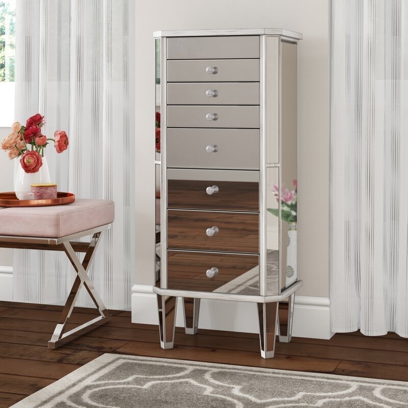 Tall Glam Mirrored Jewelry Armoire, Eight Drawers, Tapered Legs
