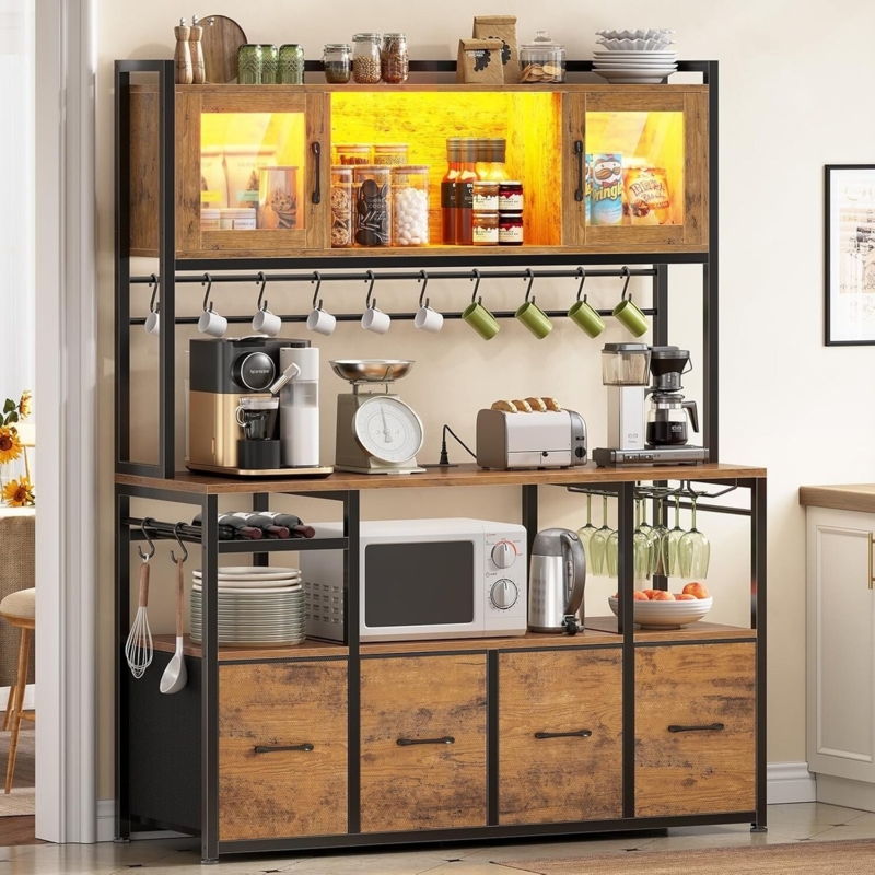 Tall Industrial Bakers Rack with LED Lighting and Four Storage Drawers