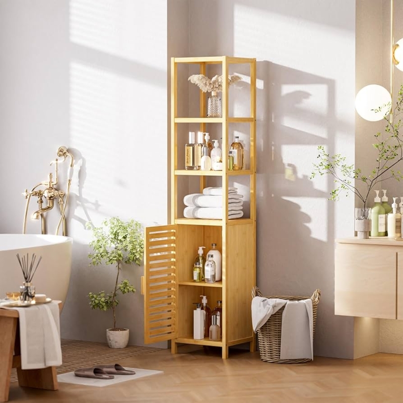 Tall Linen Tower 6 Tier Narrow Slatted Bathroom Shelf