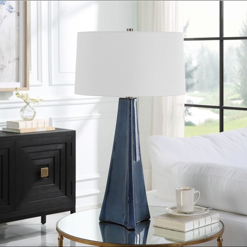 Tall Navy Blue Table Lamp, Faceted Ceramic, 32 Inch