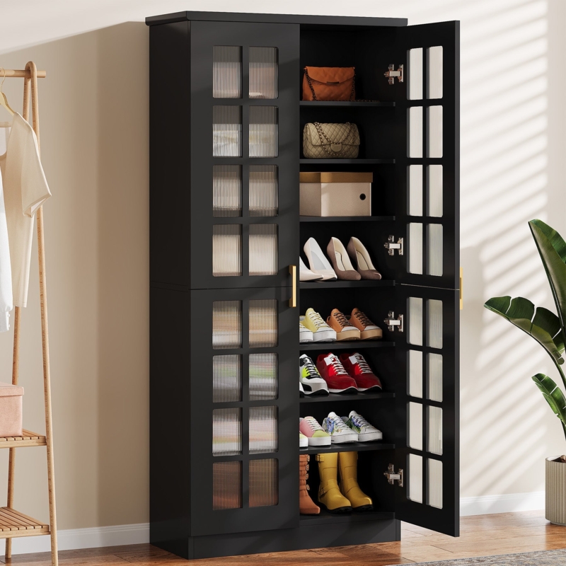 Tall Shoe Cabinet Fluted Glass Doors 8 Tier Storage Gold Handles
