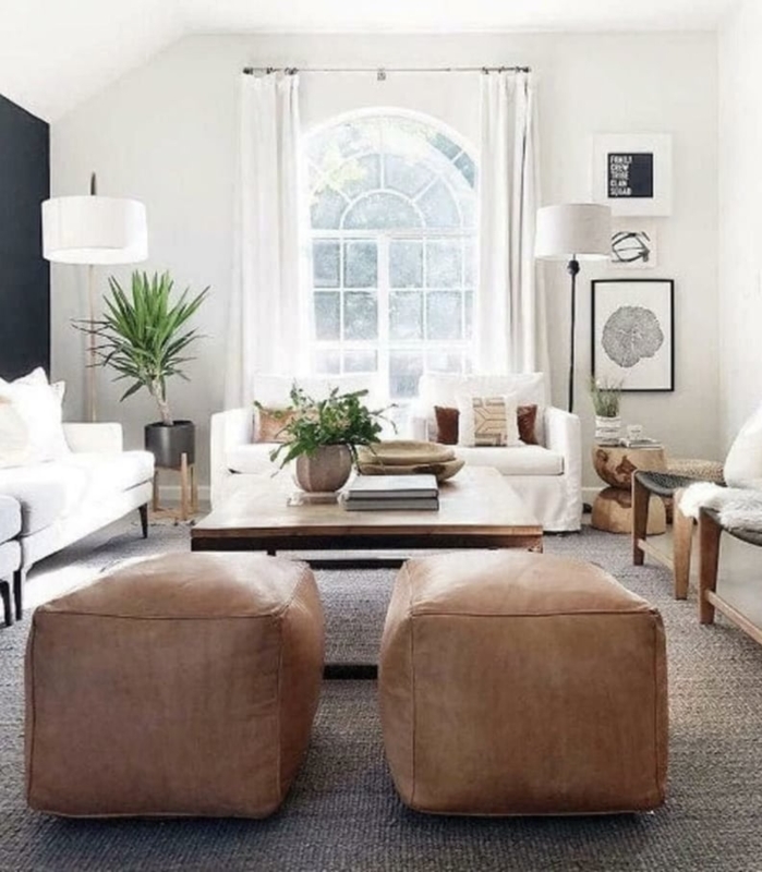 Tan Square Pouf Ottomans with Structured Boxy Silhouette