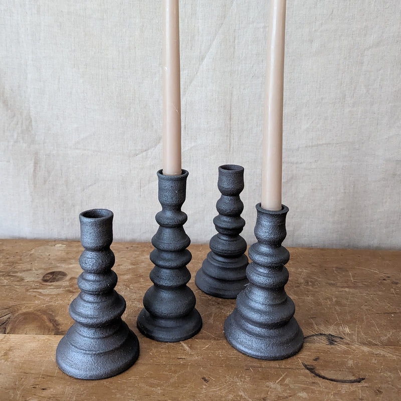 Taper Candle Holders with Textured Iron Oxide Finish and Tiered Form