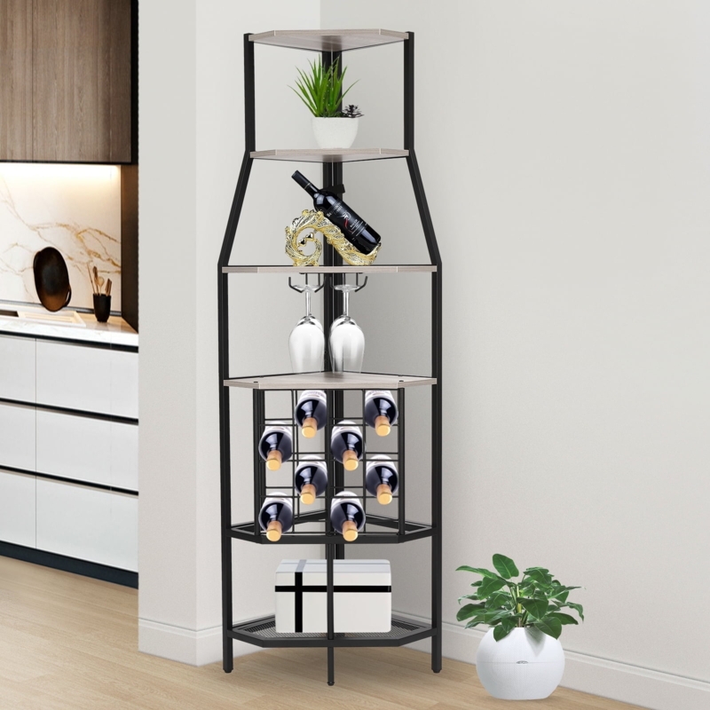 Tapered Corner Wine Rack: Metal Frame, Gray Wood-Toned Shelves