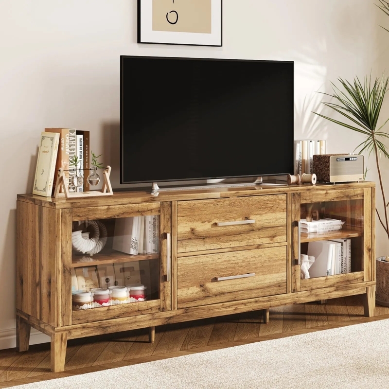 Tapered Leg TV Stand with Glass-Front Cabinets, Rustic Finish