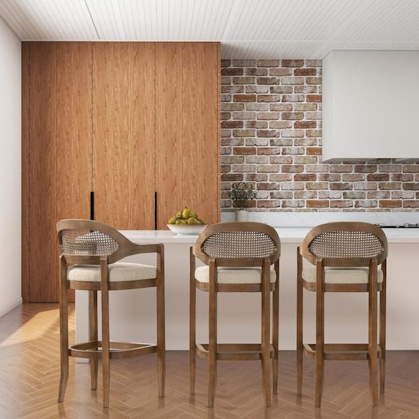 Taupe Beige Bar Stool with Curved Mid-Century Oak Frame