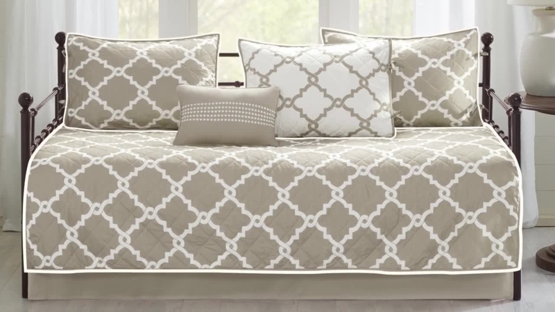Taupe Trellis Daybed Set Quilted Geometric Transitional Cottage
