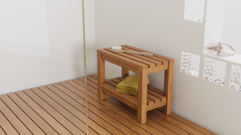 Teak Shower Bench featuring Square Block Legs and Slatted Top