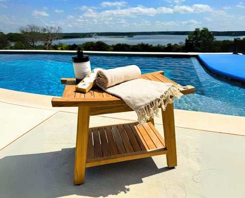 Teak Shower Bench with Flared Seat and Slatted Shelf