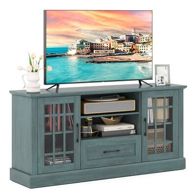 Teal Blue Farmhouse TV Stand Windowpane Glass Doors Plinth Base