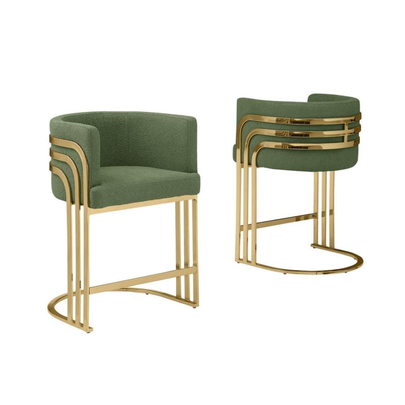 Teddy Fabric Bar Stool Set with Horizontal Gold Bands and Sled Base